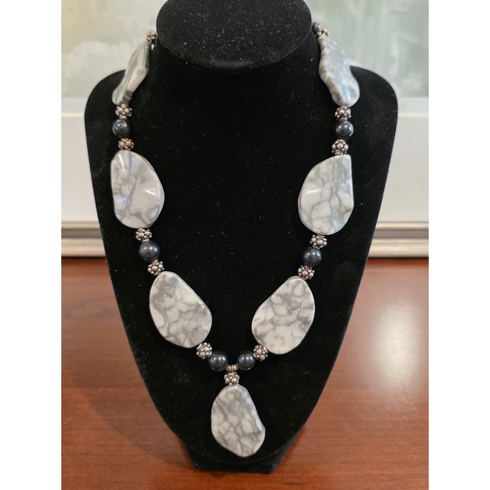 Chunky Jasper Stone Necklace With Silver Tone Clasp And Dendritic Opal Beads
